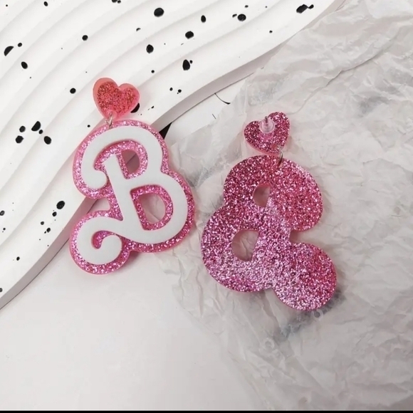 Creative Letter B Dangle Earrings Acrylic Pink with Glitter Barbie‎ - Picture 6 of 6